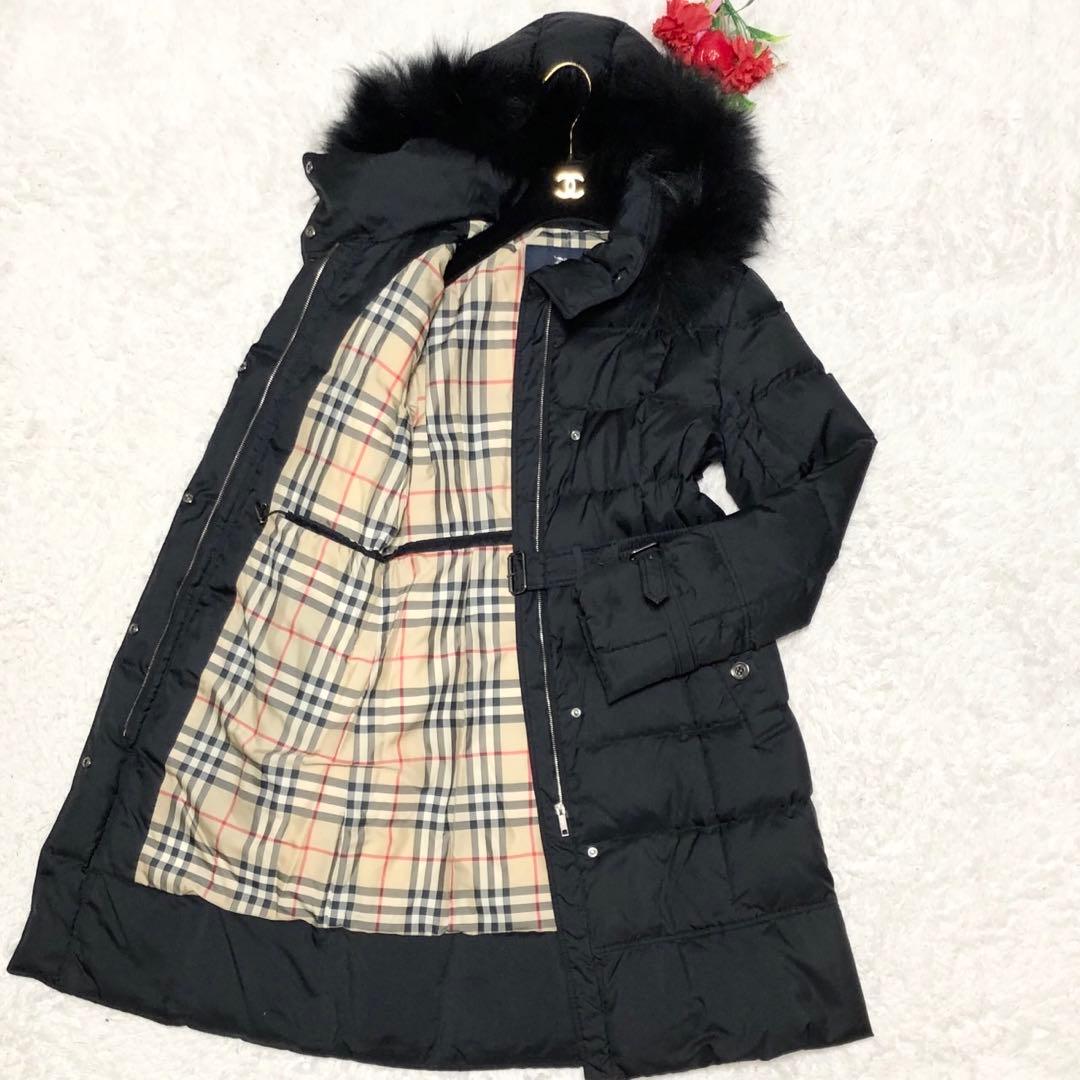 美品 BURBERRY ダウンコート ノバチェック柄 リアルファー ブラック