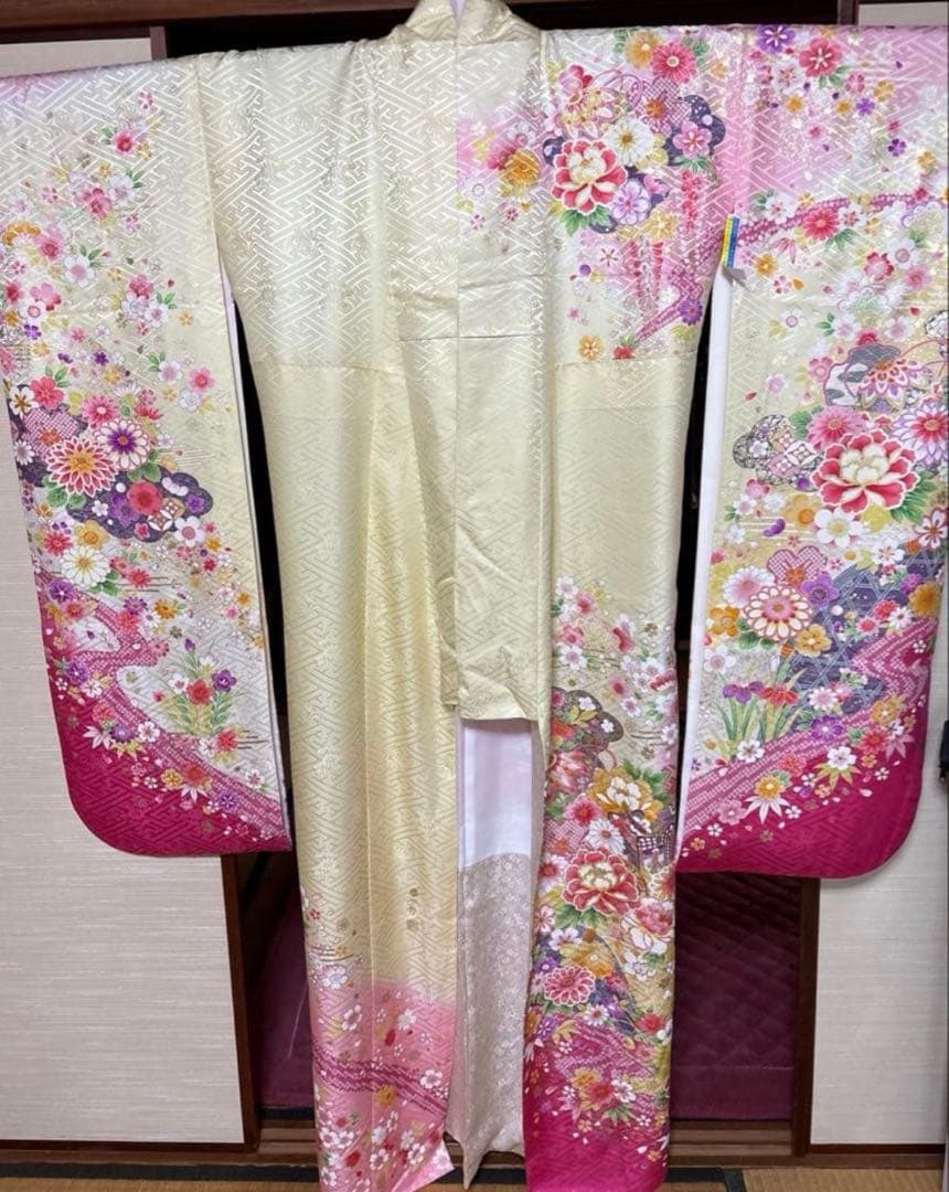 女郎花色 花々柄 振袖 身丈159