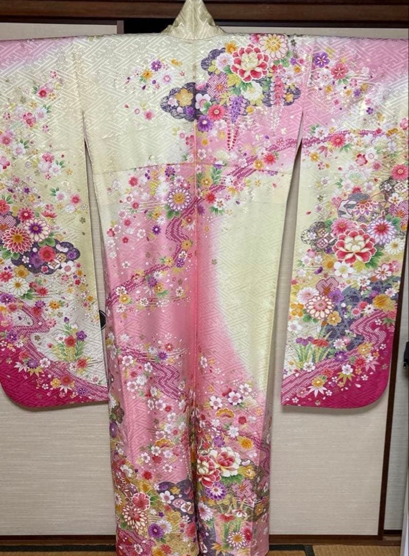 女郎花色 花々柄 振袖 身丈159