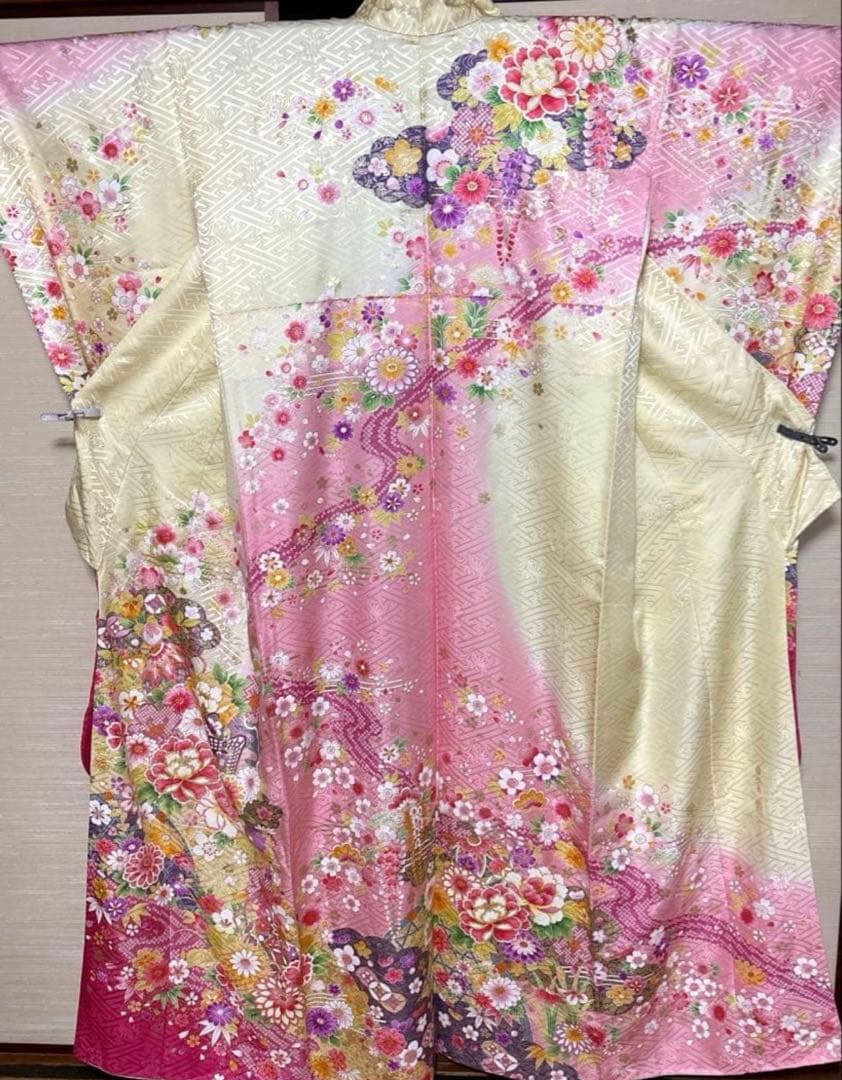 女郎花色 花々柄 振袖 身丈159