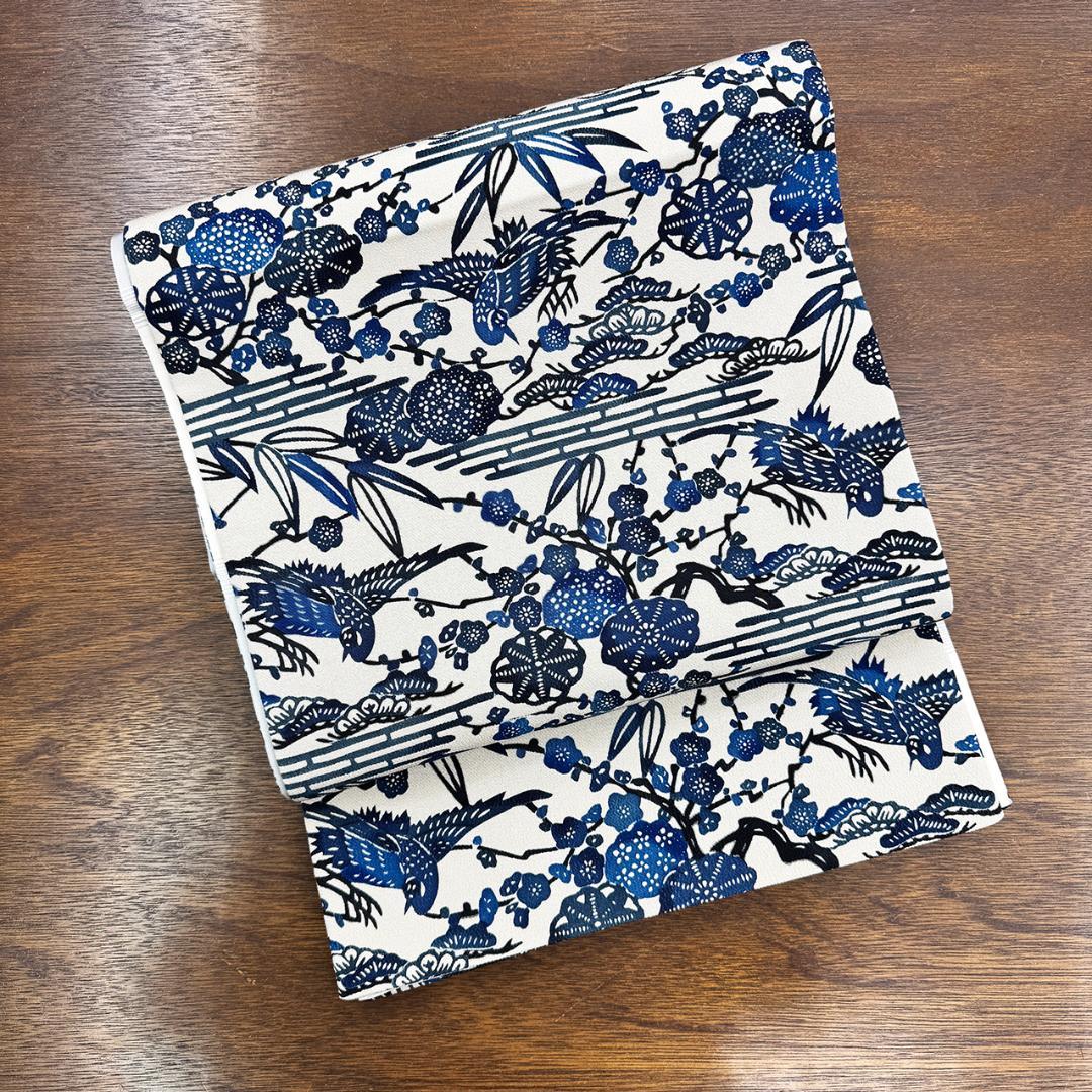 美品 長尺 ■ 本場琉球びんがた 藍型 えーがた 全通 袋帯 紅型