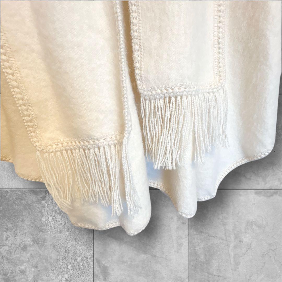 上質アルパカ100% 大判ポンチョ オフホワイト白 ペルー製 フリンジ