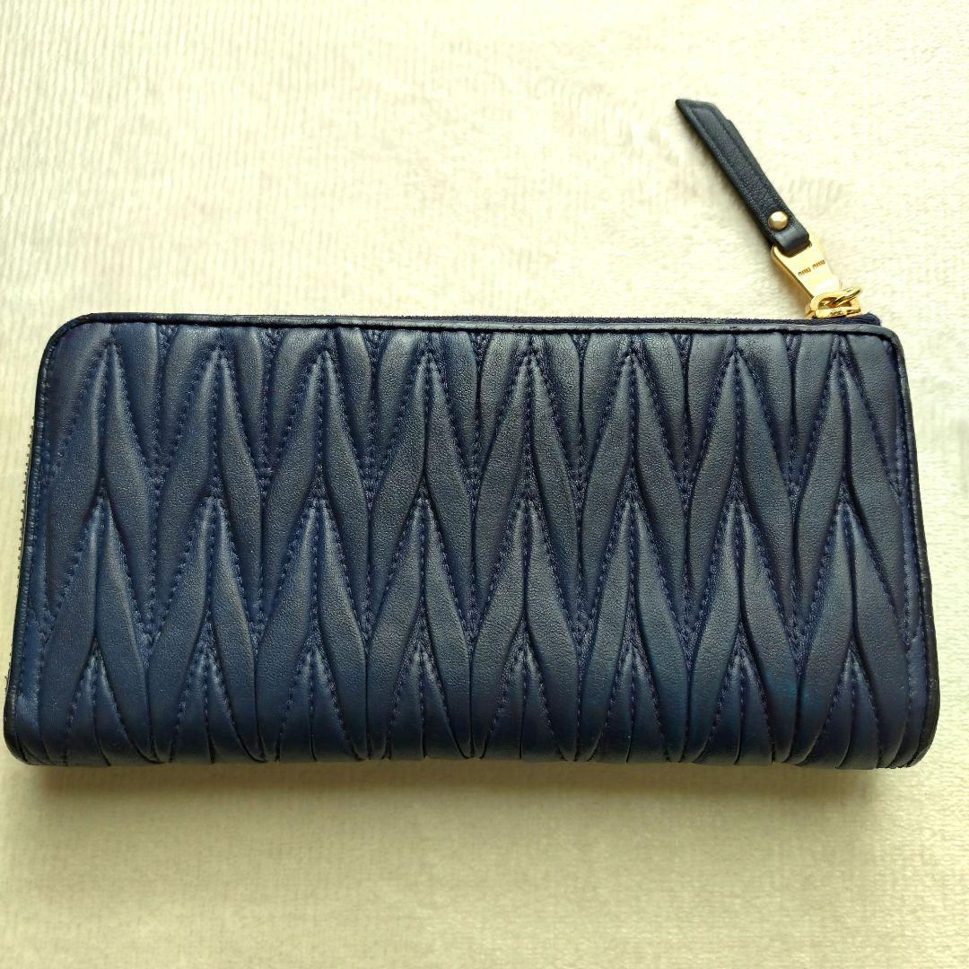 MIUMIU 長財布 マテラッセ ゴールドロゴ ネイビー L字ファスナー