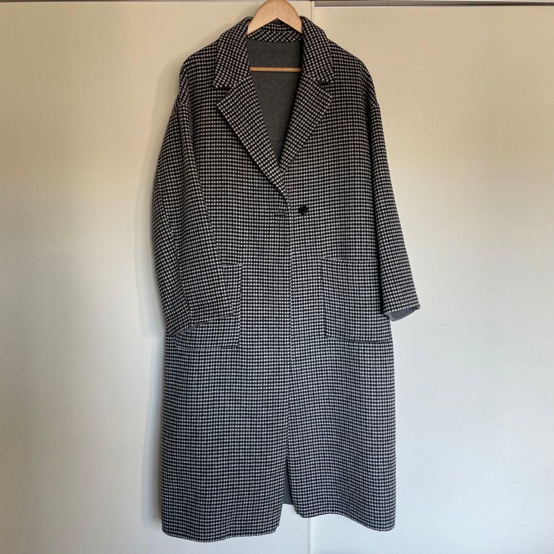 美品　ADAM ET ROPE' CHECKウールリバーコート　ロングコート