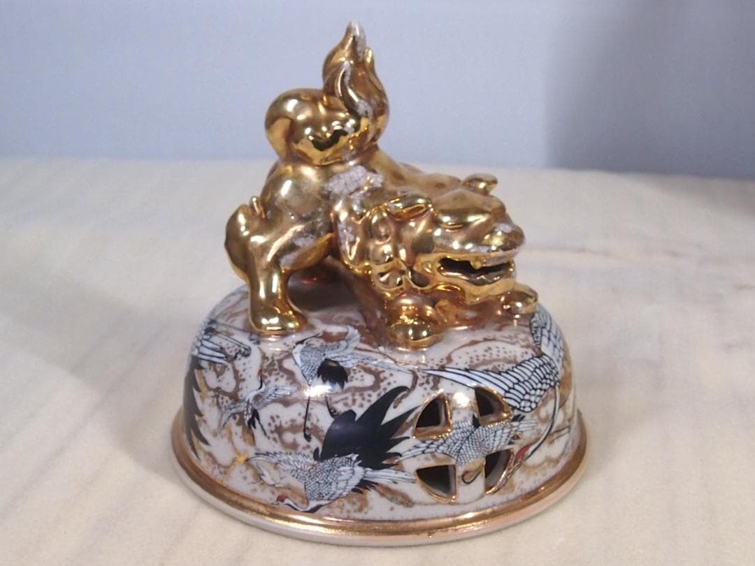 【良品】薩摩焼 金彩 雲群鶴文 大香炉 置物 茶道具/香道具 陶磁器 インテリア