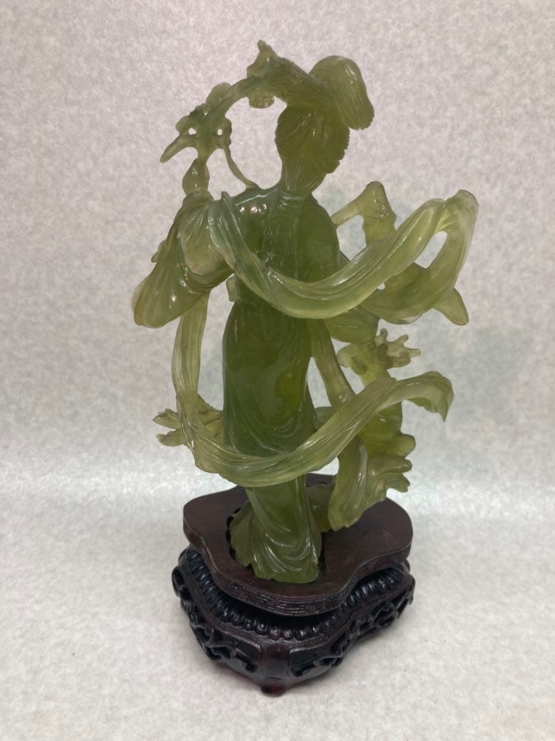 中国古美術 岫玉雕 仙女像 鹿 翡翠 彫刻 置物