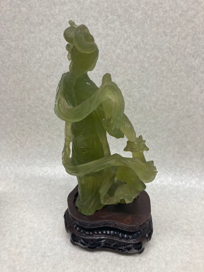 中国古美術 岫玉雕 仙女像 鹿 翡翠 彫刻 置物