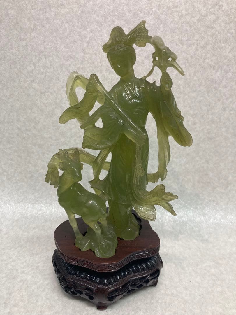 中国古美術 岫玉雕 仙女像 鹿 翡翠 彫刻 置物