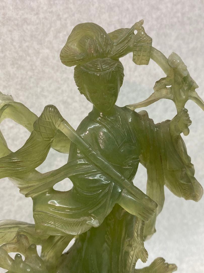 中国古美術 岫玉雕 仙女像 鹿 翡翠 彫刻 置物