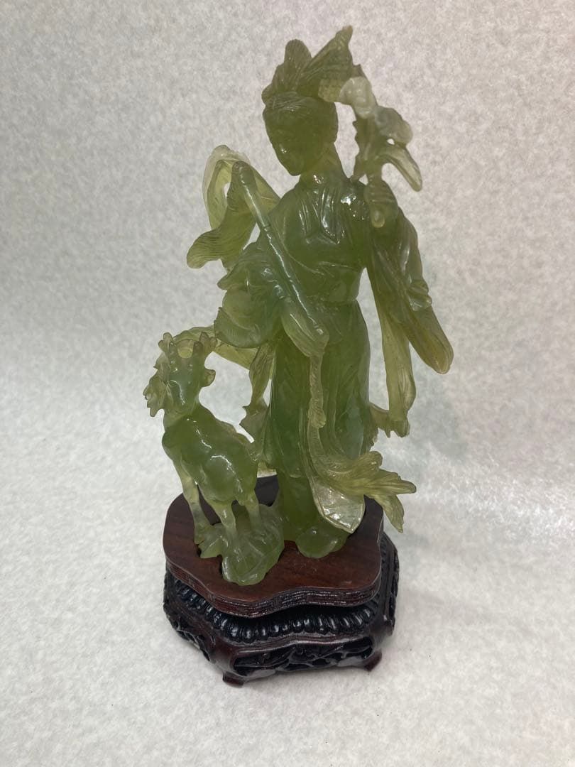 中国古美術 岫玉雕 仙女像 鹿 翡翠 彫刻 置物