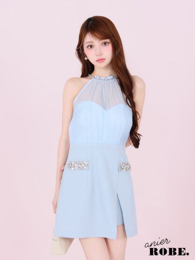 水色 ローブドフルール ミニドレス