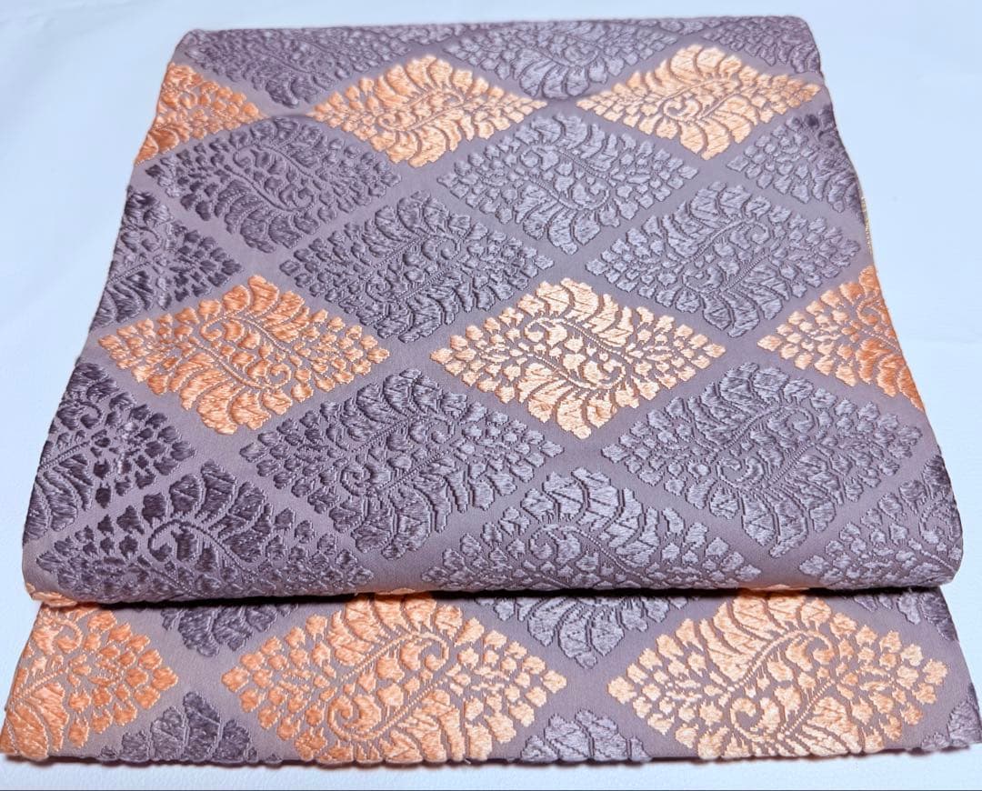 高級 袋帯 正絹 六通柄 総唐織 薄紫色 オレンジ 菱形 フォーマル 約60万円