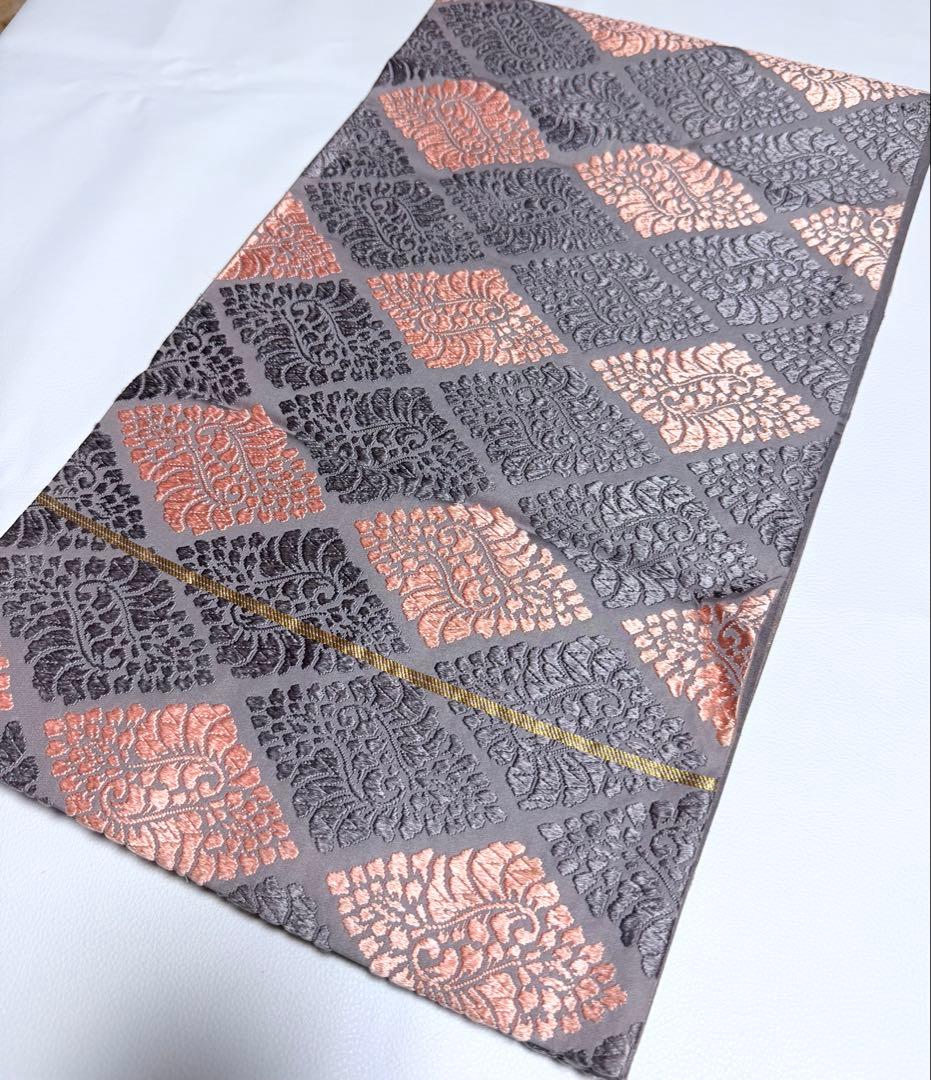 高級 袋帯 正絹 六通柄 総唐織 薄紫色 オレンジ 菱形 フォーマル 約60万円