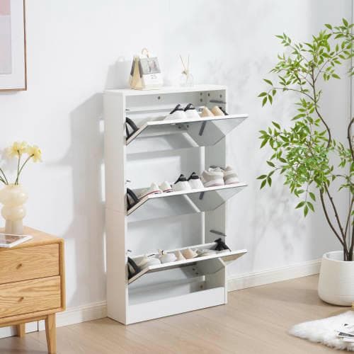 【鏡タイプ】下駄箱3段 シューズラック 玄関収納 ひとり暮らし スリムタイプ