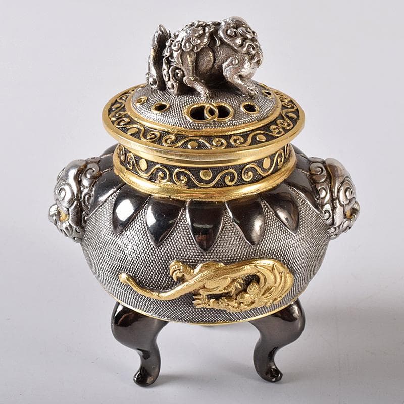 専用　高岡銅器　八代住　釘谷洞石作銀製獅子龍香炉約260g　共箱　L　R8429