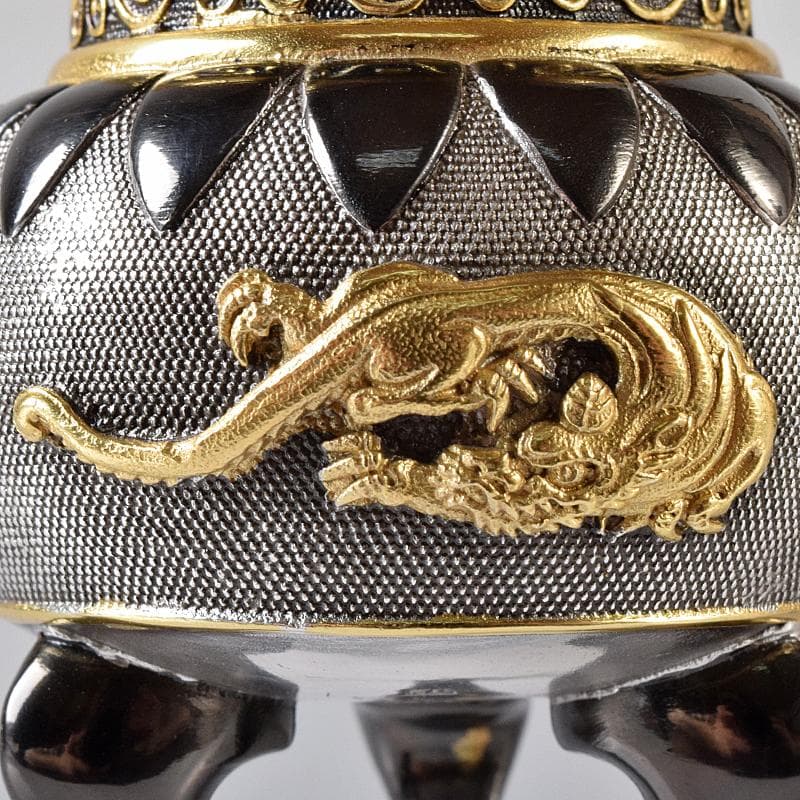 専用　高岡銅器　八代住　釘谷洞石作銀製獅子龍香炉約260g　共箱　L　R8429