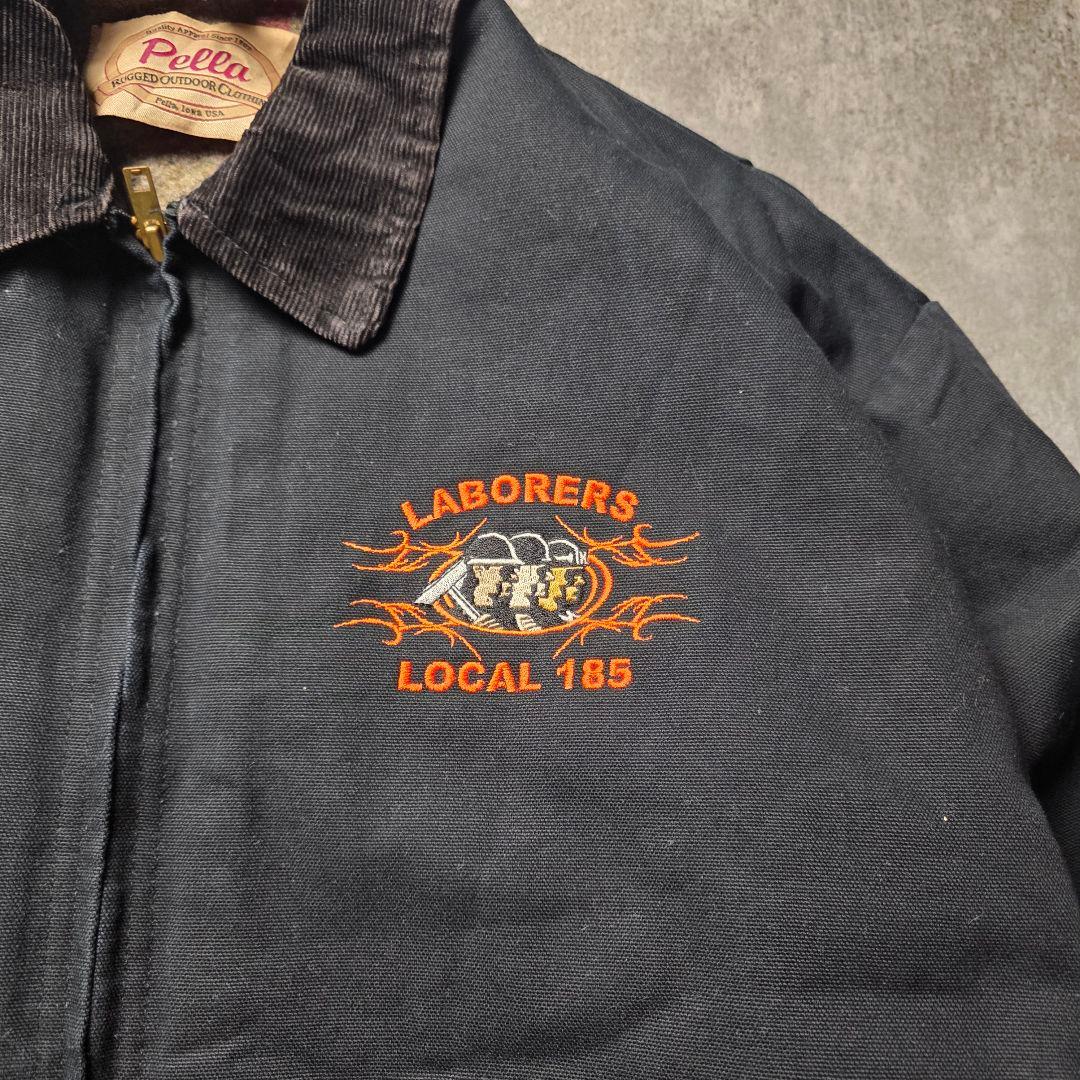 USA製デトロイトジャケットダック地Pella企業ロゴ短丈裏チェックブラックXL