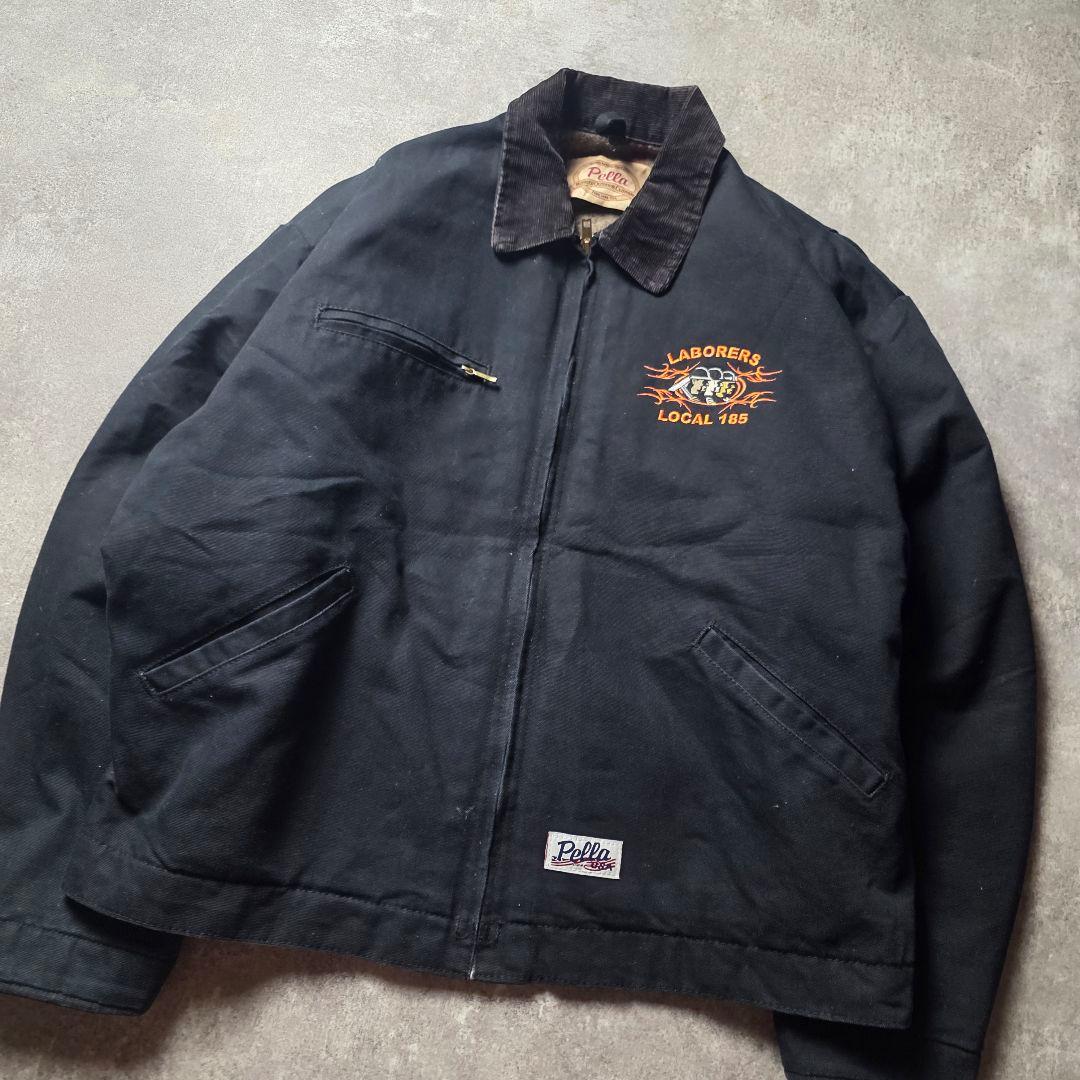 USA製デトロイトジャケットダック地Pella企業ロゴ短丈裏チェックブラックXL