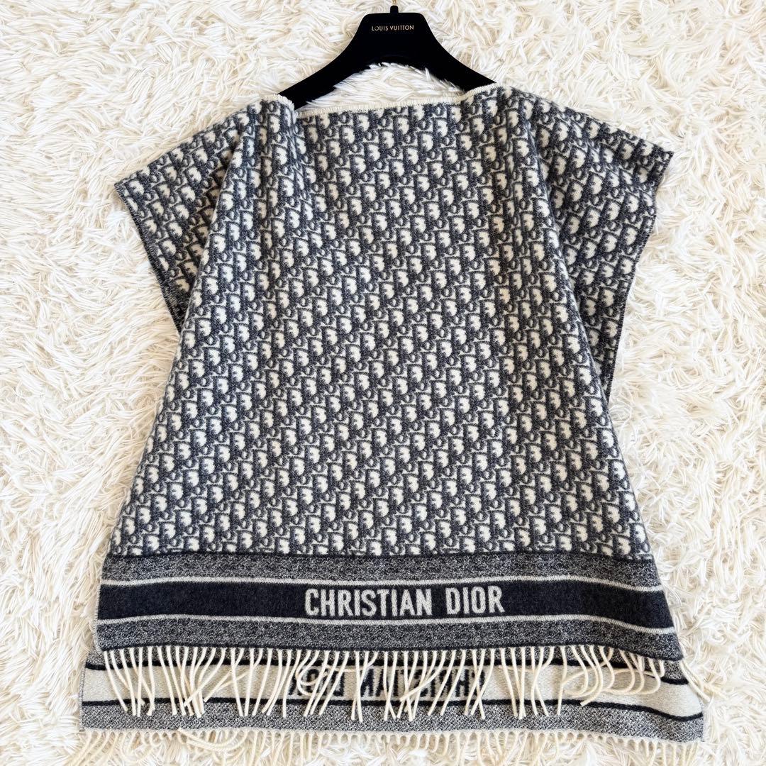 未使用級　カシミヤ100%　ディオール　ポンチョ　シグネチャーバンドロゴ　紺