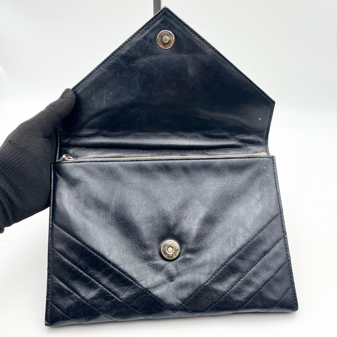 希少✨ サンローラン クラッチバッグ Vステッチ カサンドラ レザー ネイビー