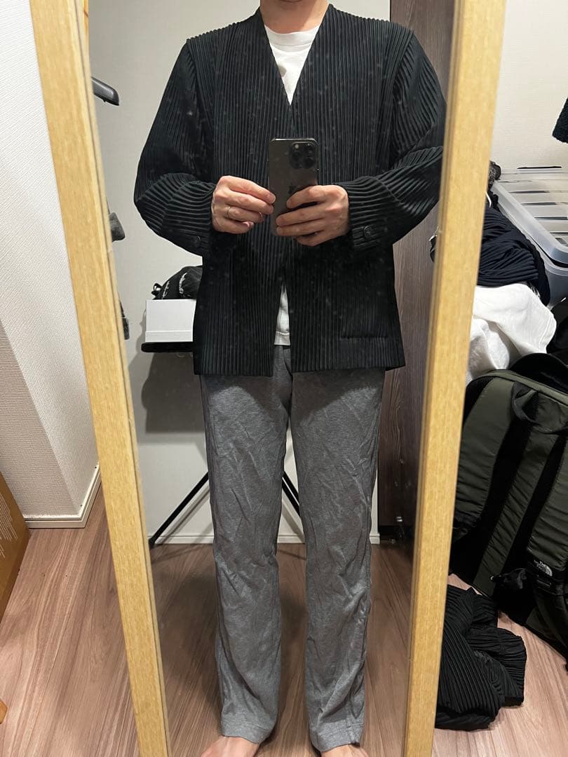 オムプリッセ　ブラック プリーツ ノーカラージャケット