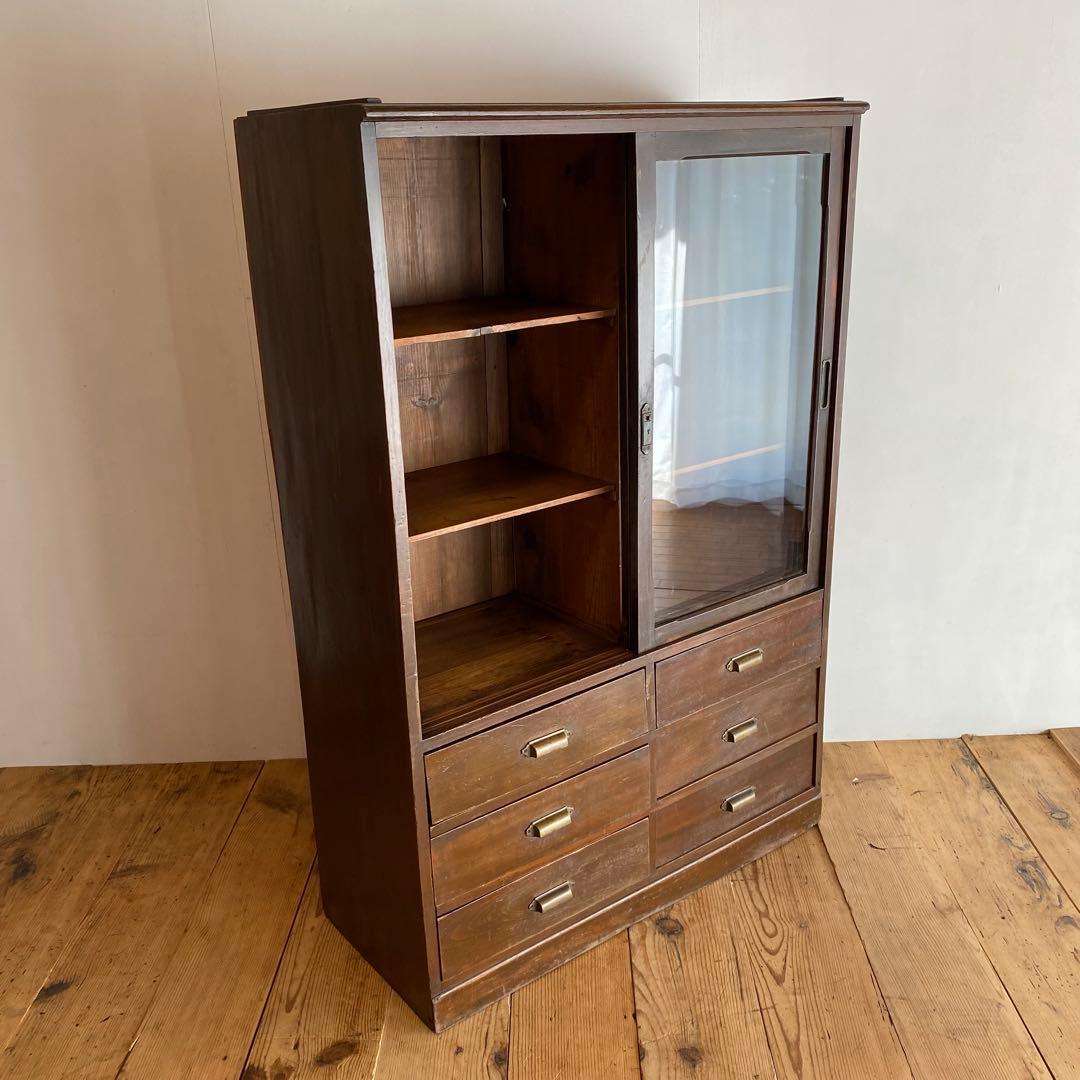 アンティーク ガラス戸棚 キャビネット 水屋箪笥 食器棚 本棚 y135