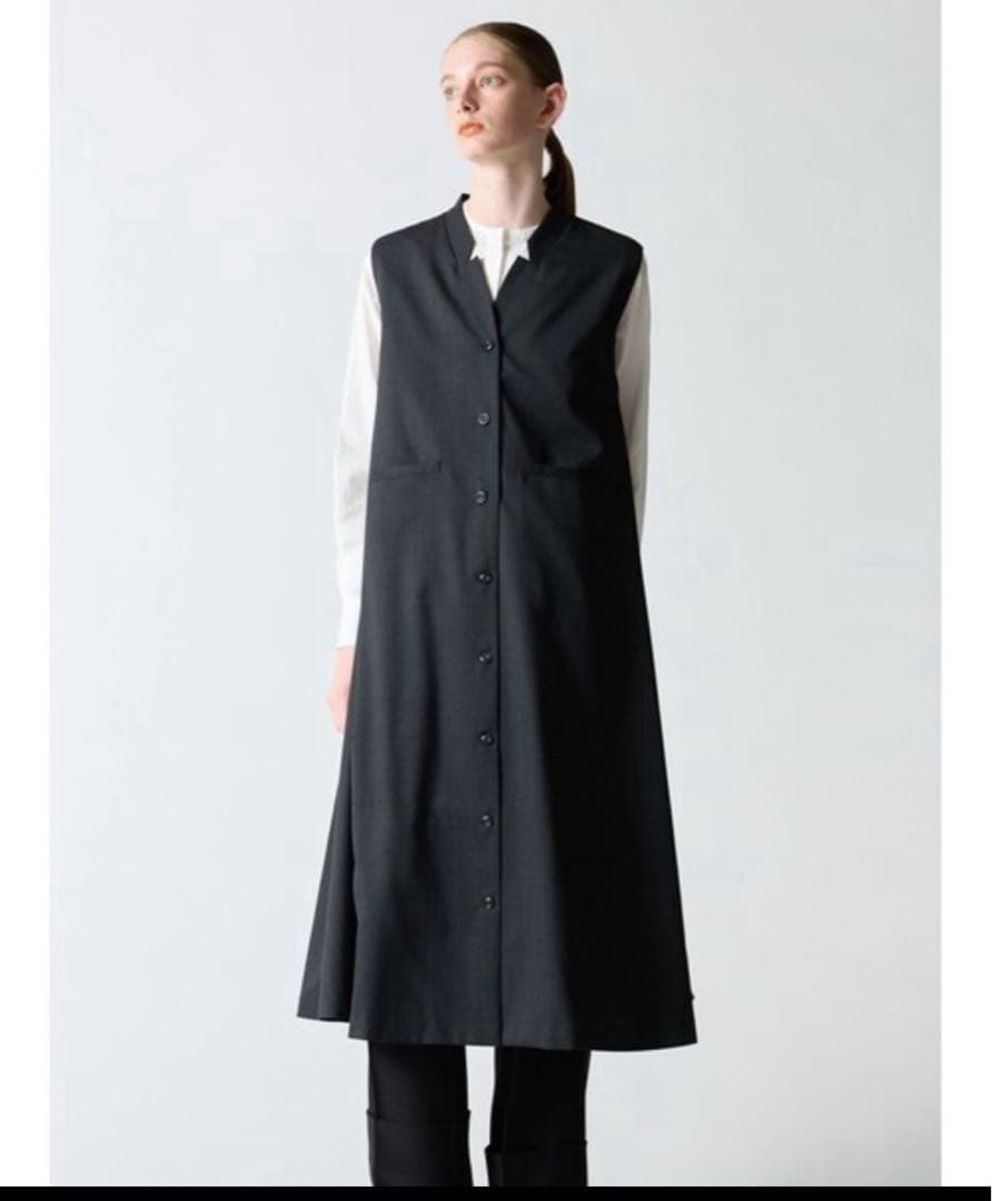 mizuiroind /スタンドカラーフレアワンピース/ロングジレ /黒