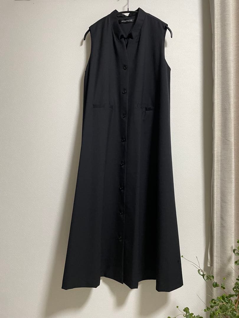 mizuiroind /スタンドカラーフレアワンピース/ロングジレ /黒