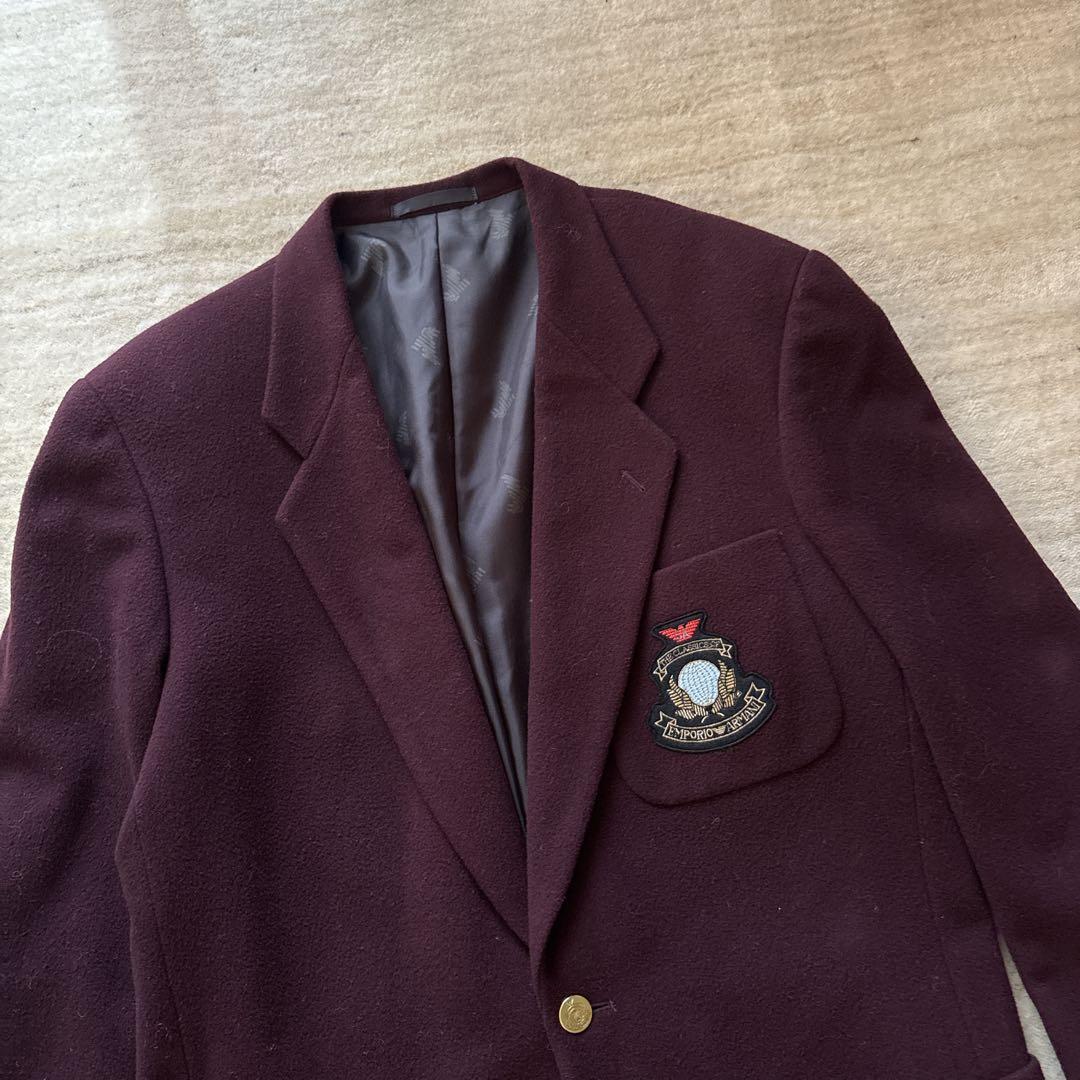 美品 EMPORIO ARMANI 金ボタン カシミヤ混ブレザー バーガンディ