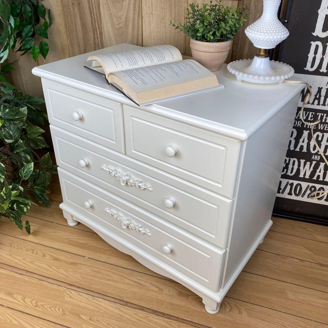 訳あり品！【137】フレンチ調ホワイトチェスト三段四つ引き木製収納家具姫系タンス