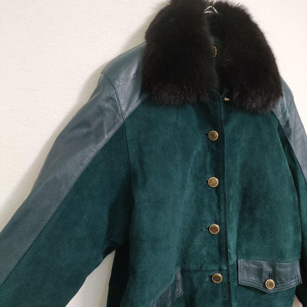 【美品】レザーコート　ジャケット　羊革　豚革　スウェード　緑　グリーン　本革　M