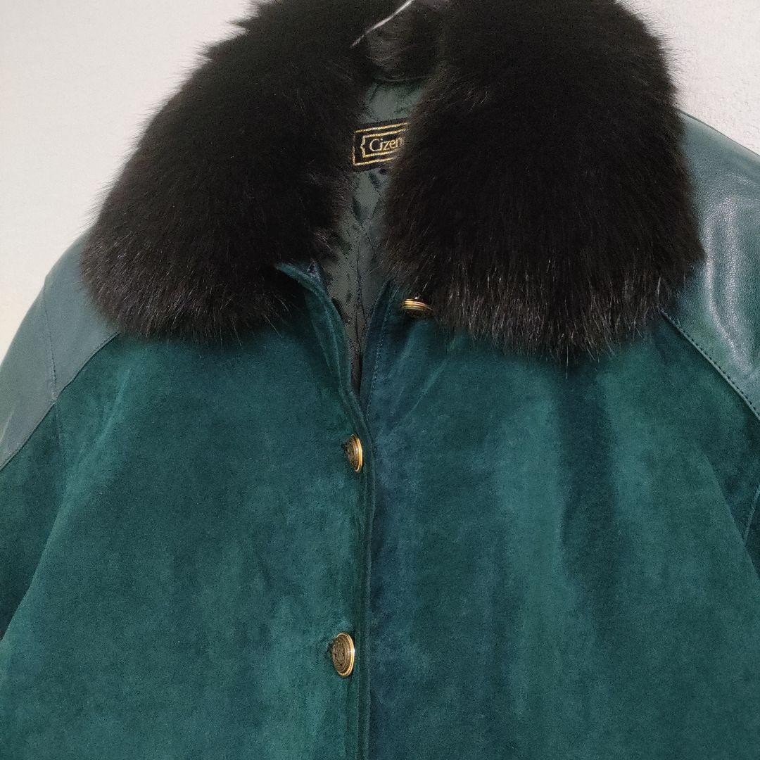 【美品】レザーコート　ジャケット　羊革　豚革　スウェード　緑　グリーン　本革　M