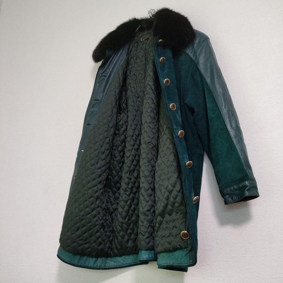 【美品】レザーコート　ジャケット　羊革　豚革　スウェード　緑　グリーン　本革　M