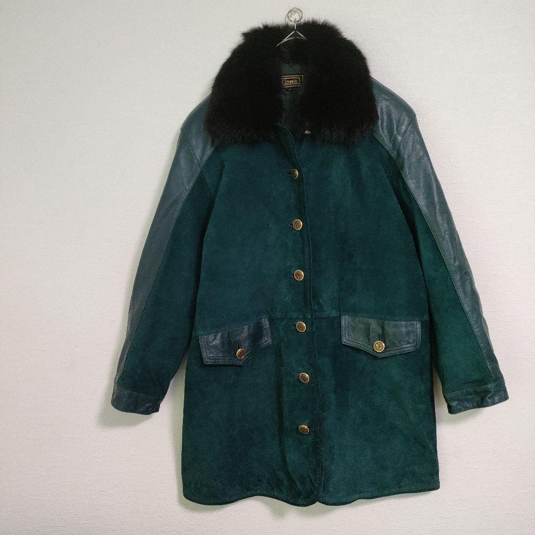 【美品】レザーコート　ジャケット　羊革　豚革　スウェード　緑　グリーン　本革　M
