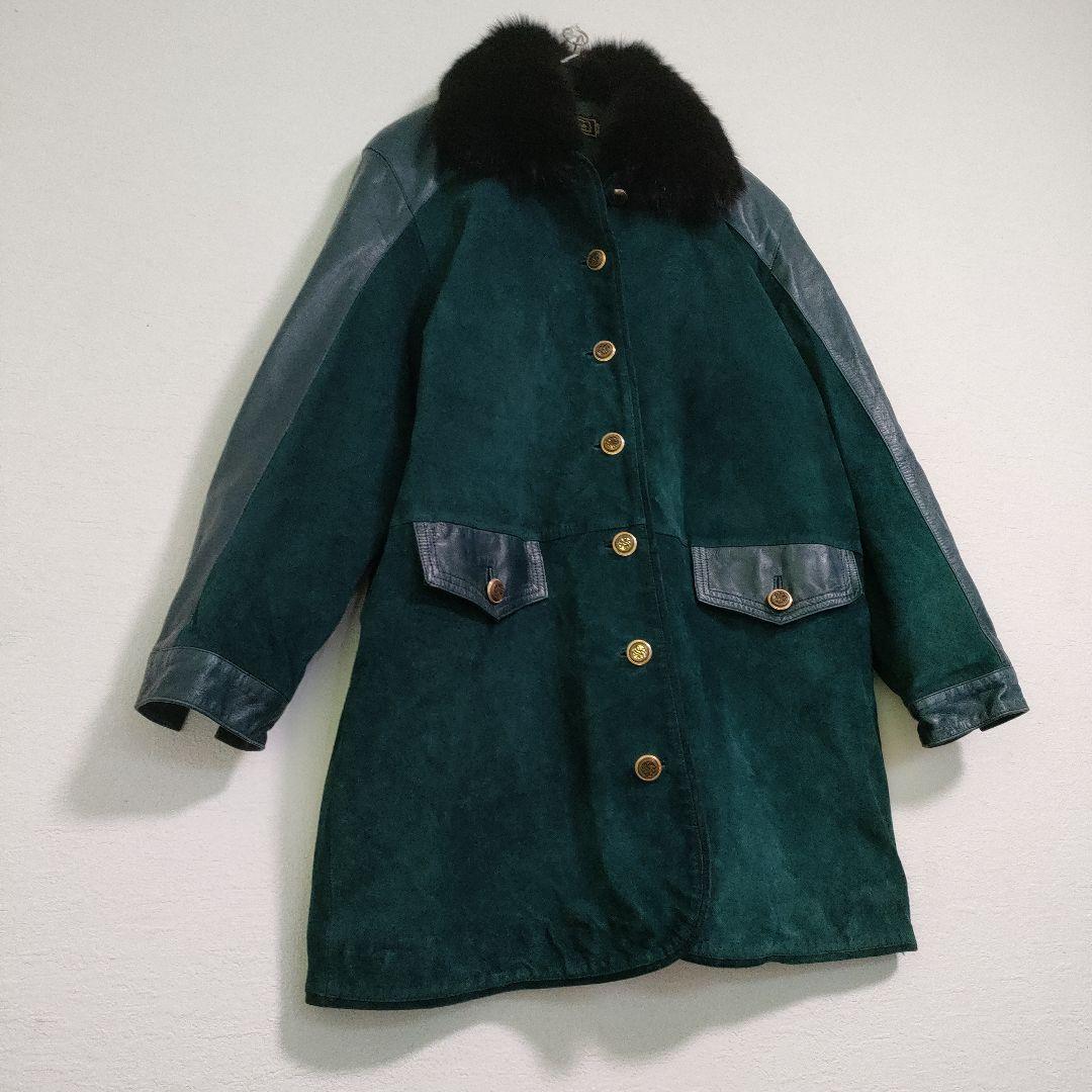 【美品】レザーコート　ジャケット　羊革　豚革　スウェード　緑　グリーン　本革　M