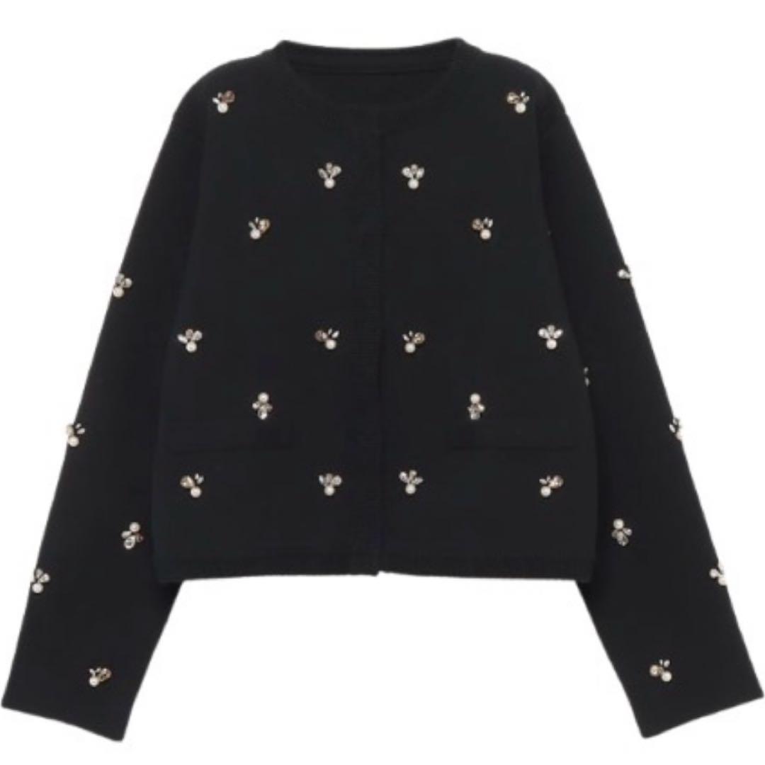 新品タグあり　アニュアンス anuans ビジューニットジャケット　ブラック