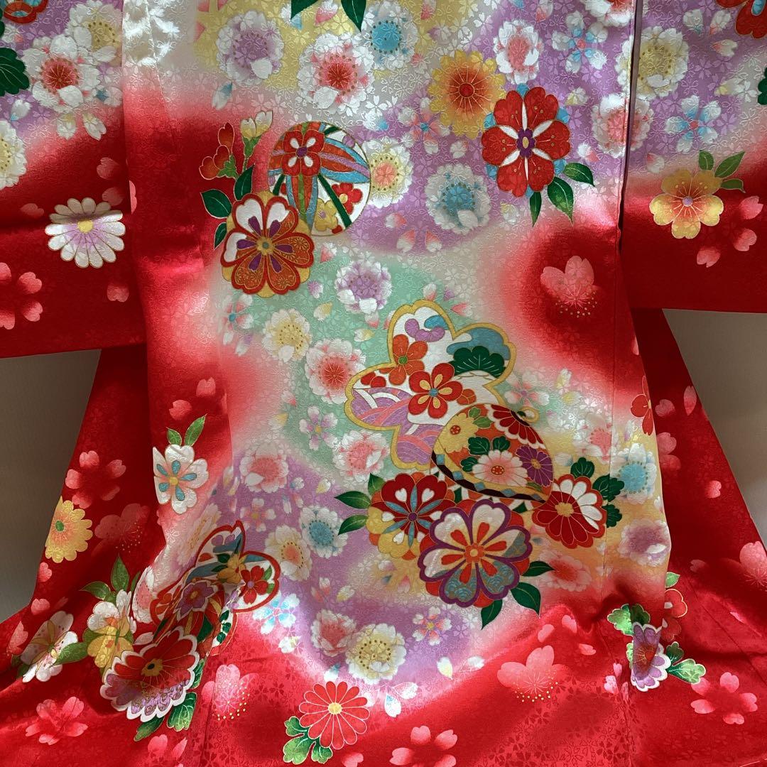 お宮参り 女の子 着物 産着 初着 お祝い着 赤色 手毬花文様 ug316