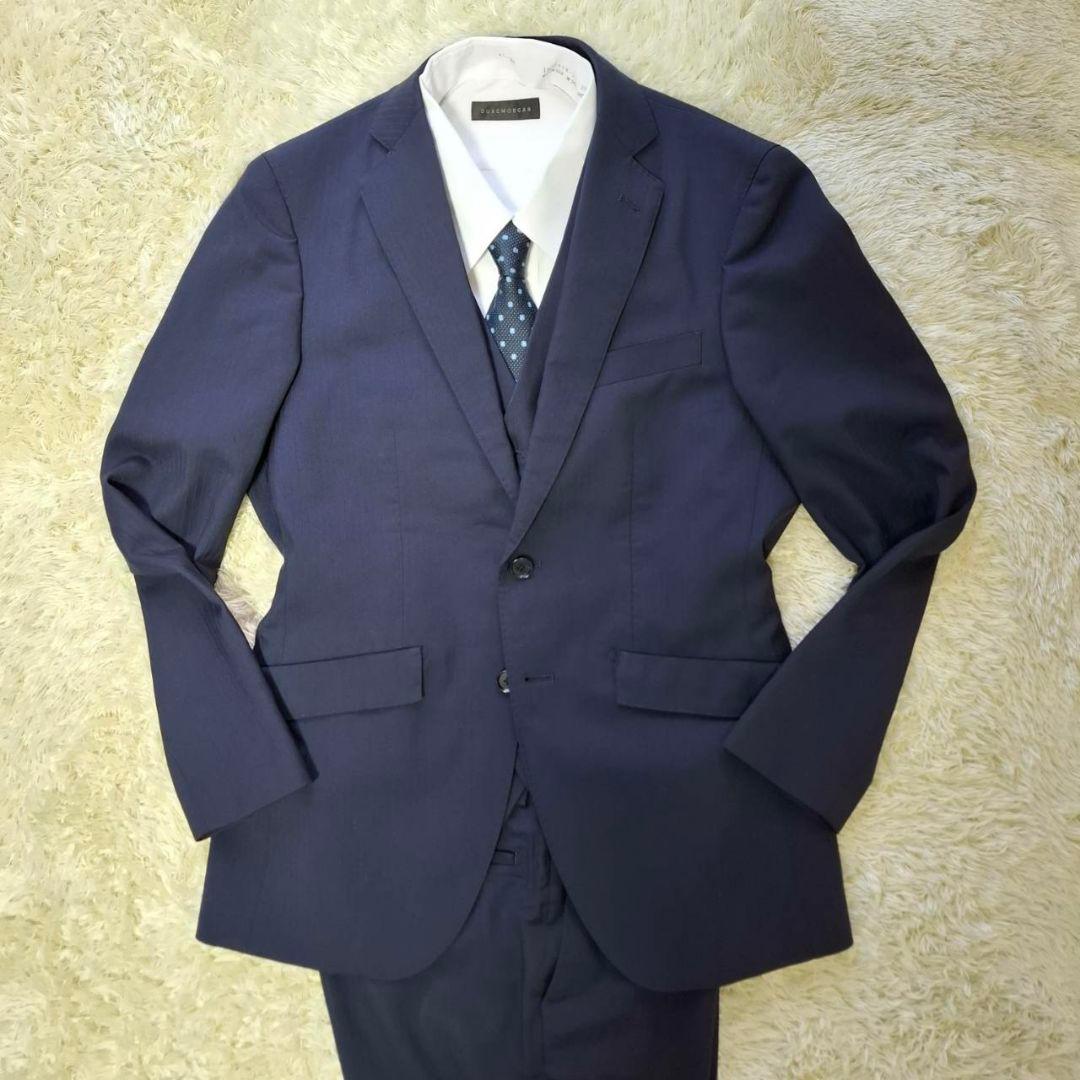 オリヒカ　３ピース　スーツ　ストライプ　紺色　S　毛混　ベストリバーシブル