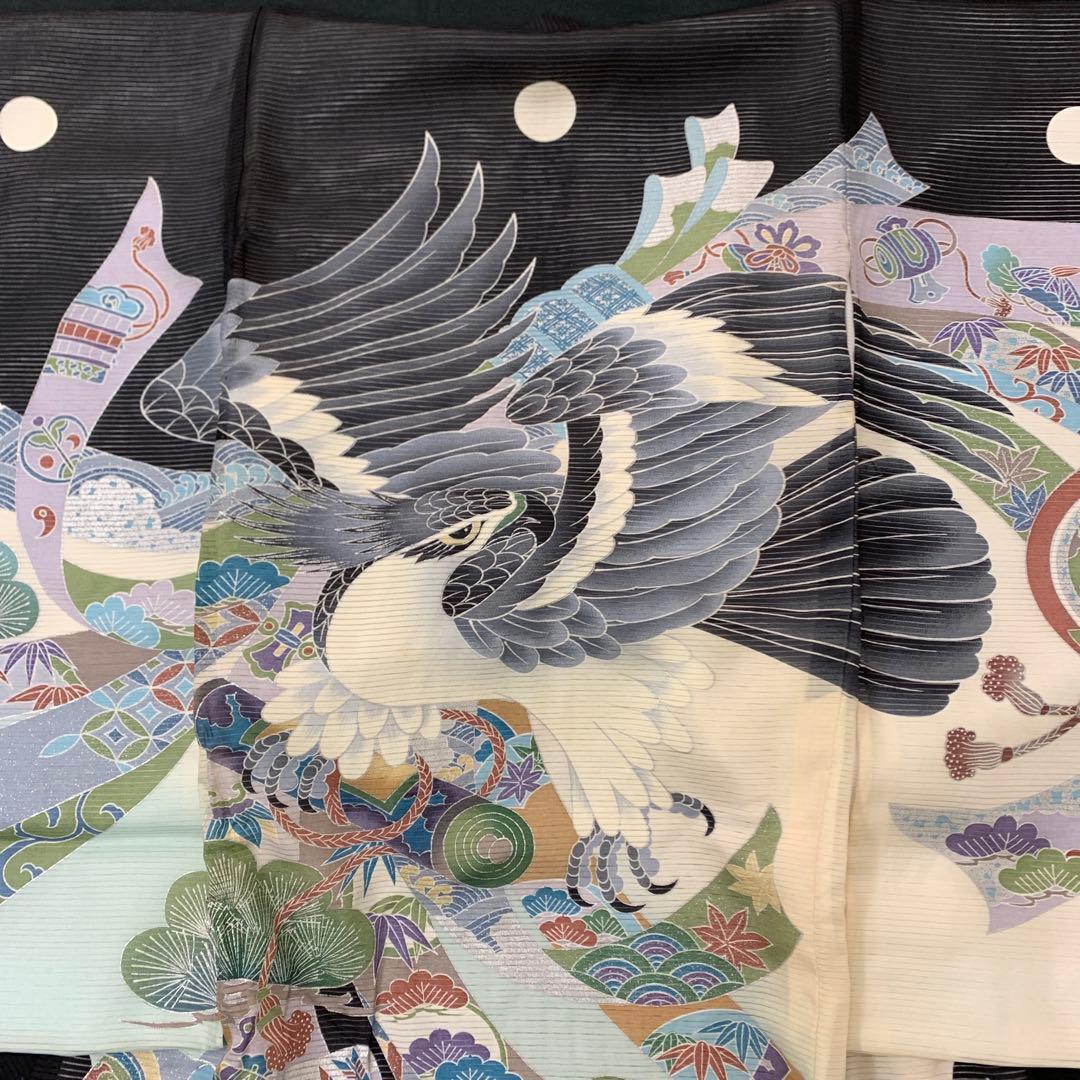 as様紋代込み夏物単衣新品絽生地 祝着　京友禅工芸染　大鷹と大王松熨斗豪華祝い文