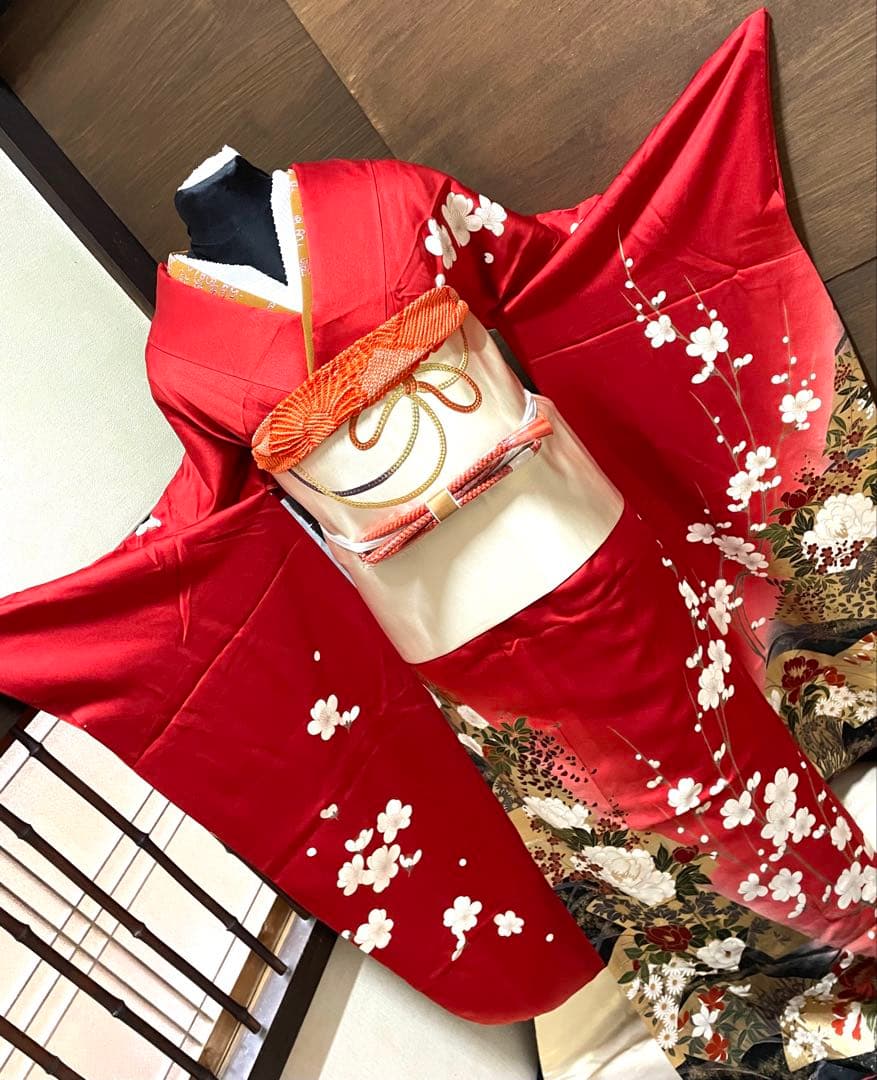 振袖フルセット6点サイズM〜Ｌ駒刺繍　流水地紙花文　暈し染め　金彩　正絹