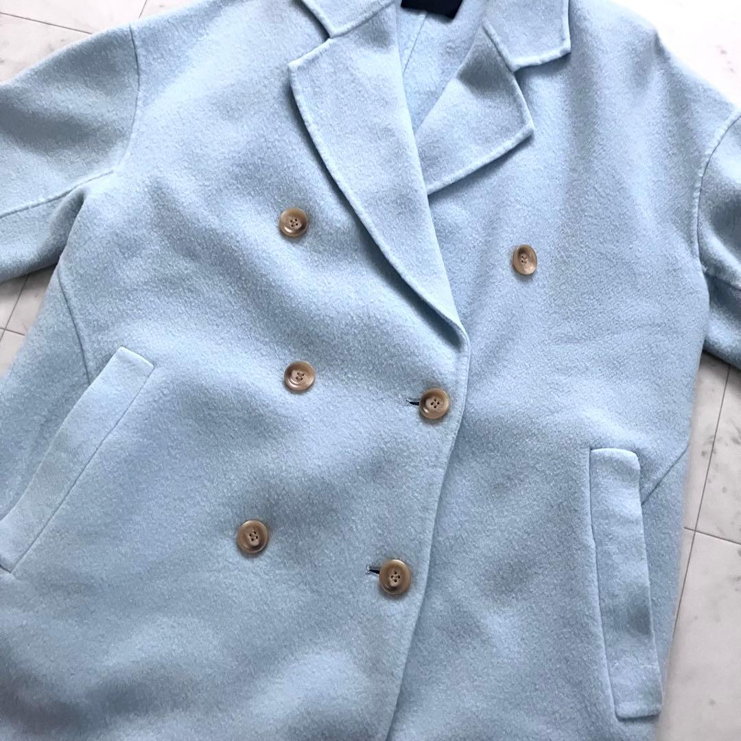 い*ぬ様 美品 ノーク ウールリバーコート ロング ダブル 水色 サイズ1