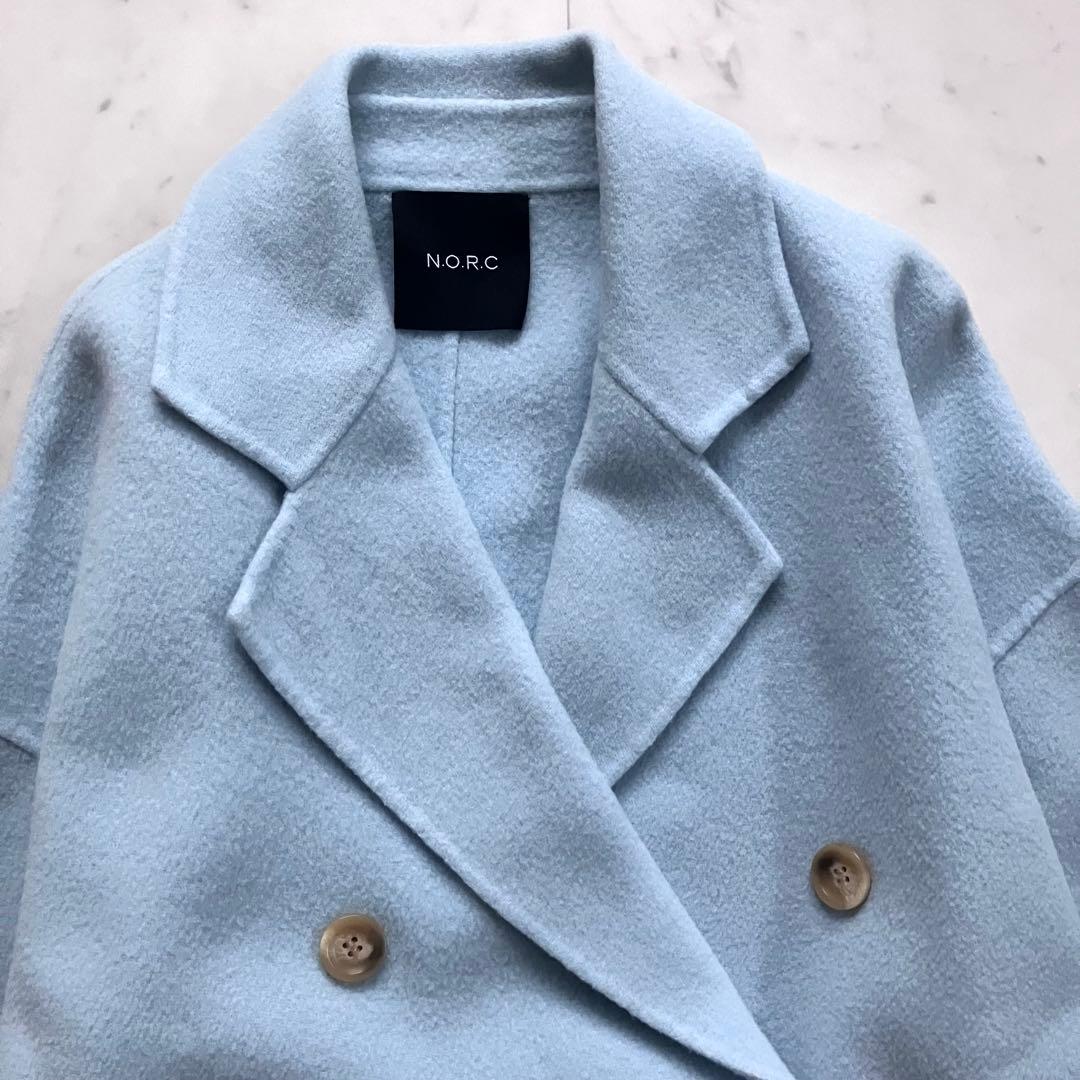 い*ぬ様 美品 ノーク ウールリバーコート ロング ダブル 水色 サイズ1