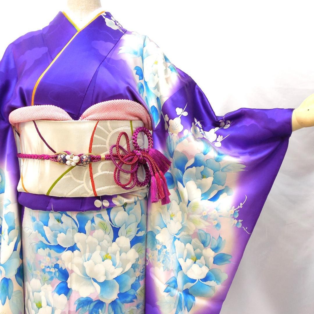 美品★振袖フルセット　正絹　振袖　７点　成人式　Sサイズ　パープル系　紫　花柄