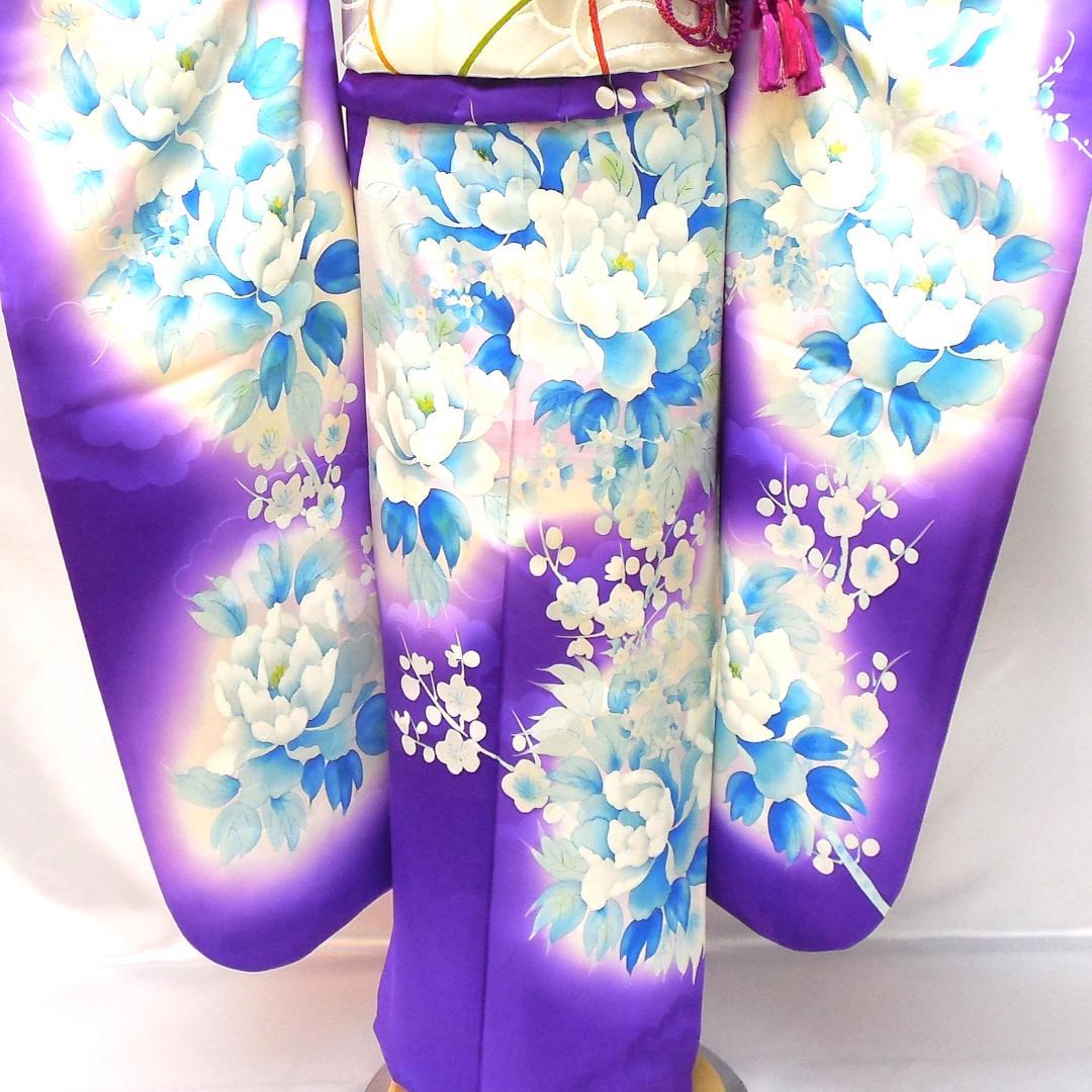 美品★振袖フルセット　正絹　振袖　７点　成人式　Sサイズ　パープル系　紫　花柄