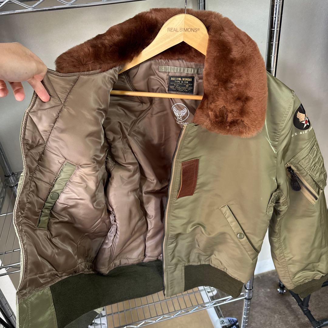 SサイズB-15B 初期型復刻フライトジャケットREALSIMONS ムートン襟