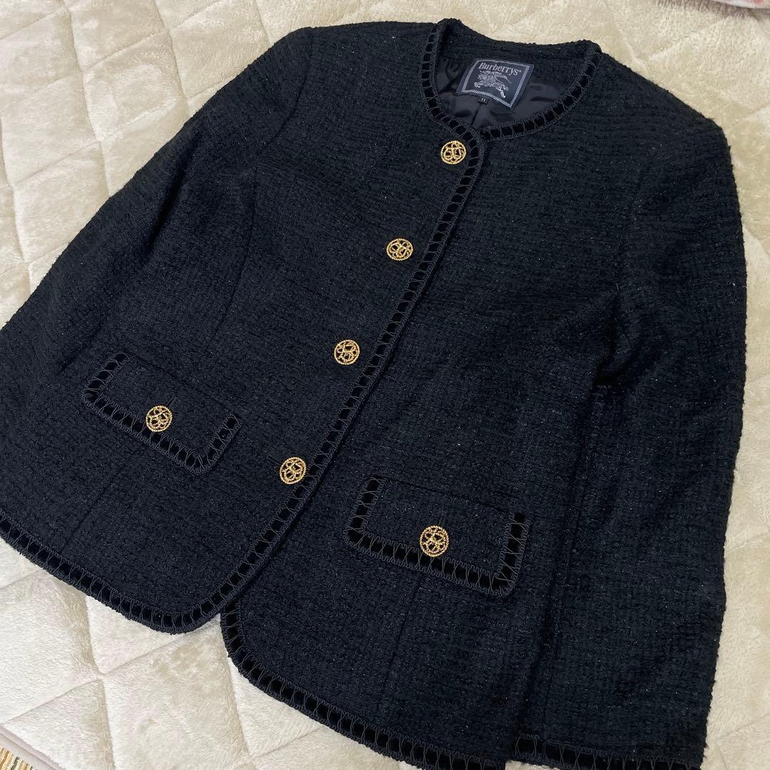 【Burberry ／バーバリー】ノーカラージャケット サイズ１１号　ツイード