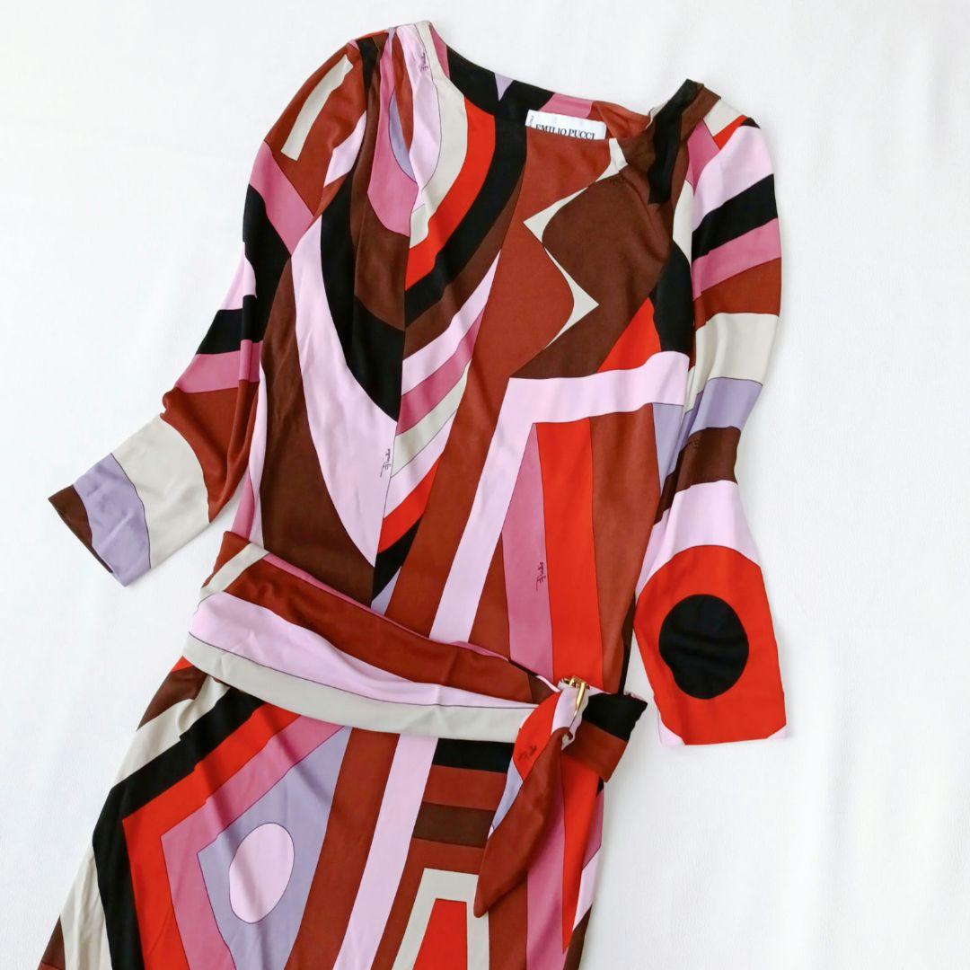 【エミリオプッチ】ロングワンピース　総柄　イタリア製　ベルト　プッチ柄　伸縮