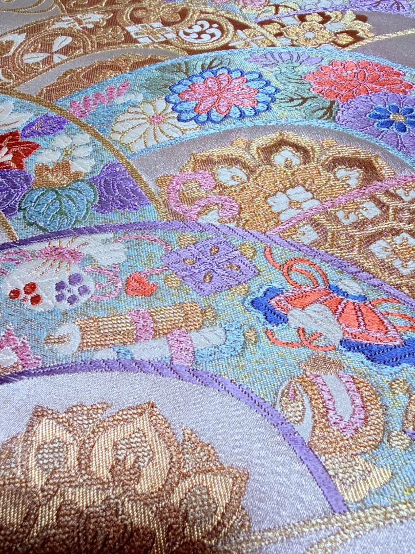 高級 袋帯 正絹 六通柄 宝尽くし シャンパンゴールド 扇文 訪問着 色無地