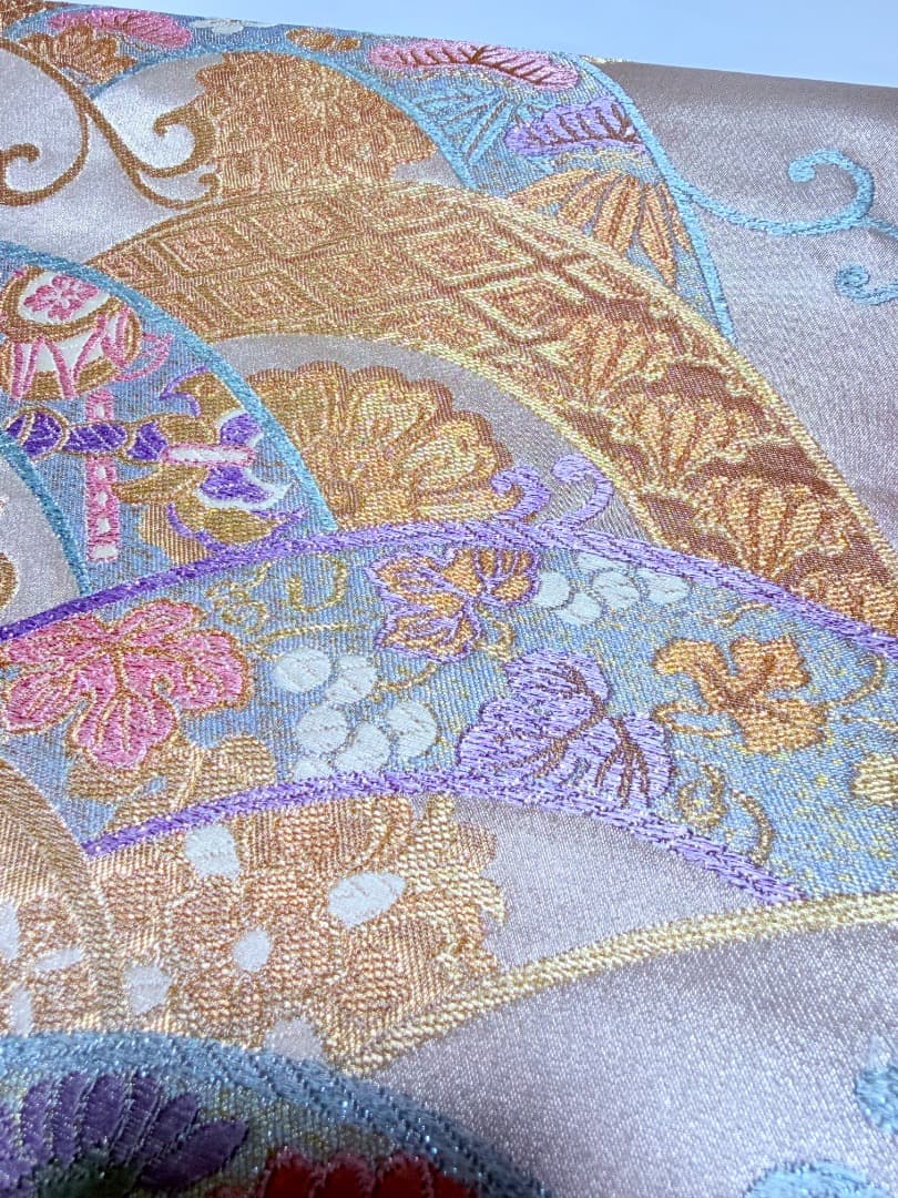 高級 袋帯 正絹 六通柄 宝尽くし シャンパンゴールド 扇文 訪問着 色無地