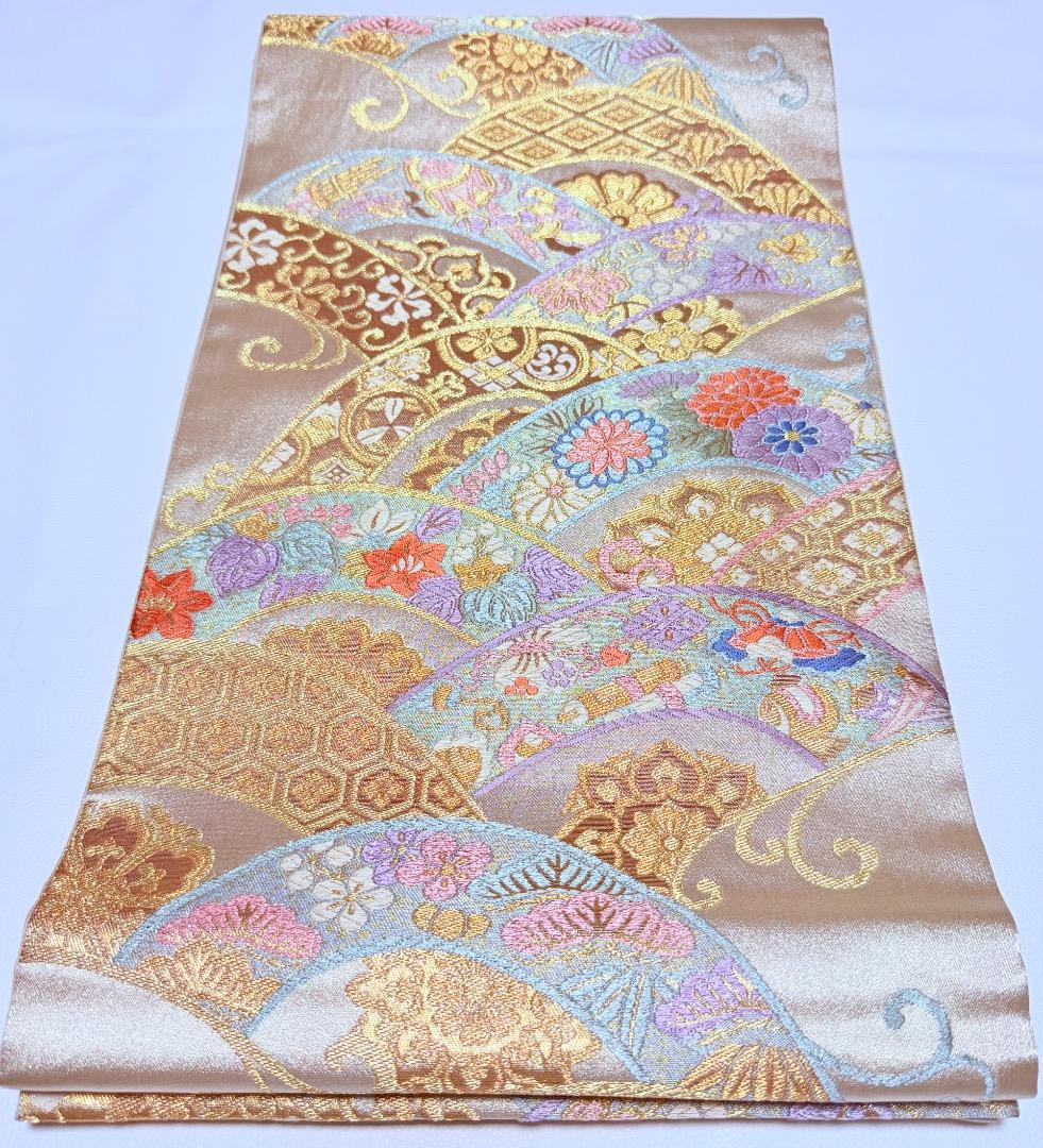 高級 袋帯 正絹 六通柄 宝尽くし シャンパンゴールド 扇文 訪問着 色無地